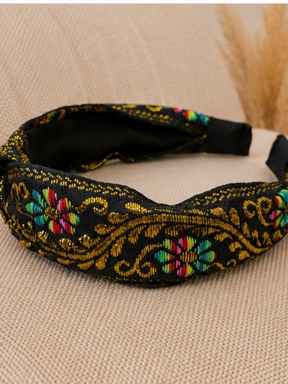 Black & Gold Embroidered Knotted Headband